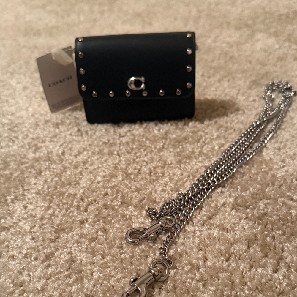 Coach Black Leather Studded Crossbody Wallet with Silver Chain